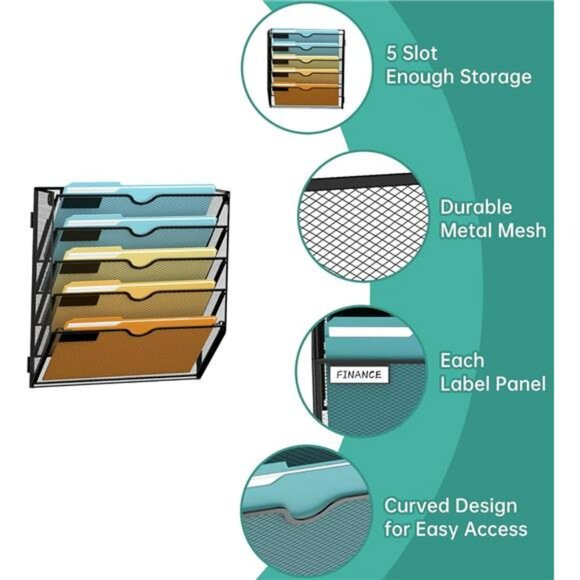 Wall mounted file organizer 5 tier mesh hanging mail holder office rack - Picture 4 of 8